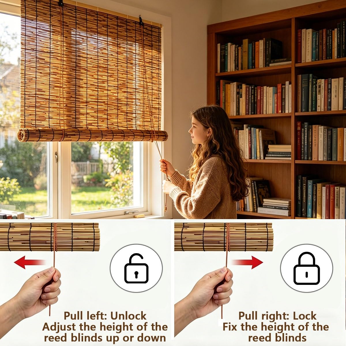 Store Enrouleur Bambou sans Percage, Rideau Bambou Exterieur Interieur, Rideau de Roseau Occultants À 70%, Naturel Stores Enrouleurs Bambou pour Fenêtres Véranda Pergola Balcon(W160 cm x H200 cm)