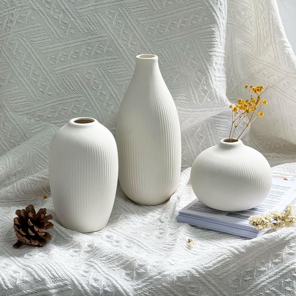 White Ceramic Vase Set of 3 - Small Modern Minimalist Ceramic Bud Vases for Home Decor - Boho Aesthetic Flower Vases for Desk, Shelf & Table, Mantle, Bookshelf (Cute & Versatile) (White) - Image 5