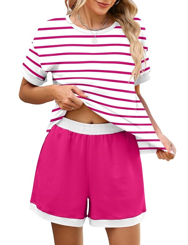 Blingfit Women Summer 2 Piece Lounge Sets Striped Short Sleeve Tee Shirts Elastic Waist Shorts Loungewear Set Comfy Pajama Set S by Blingfit - Image 7