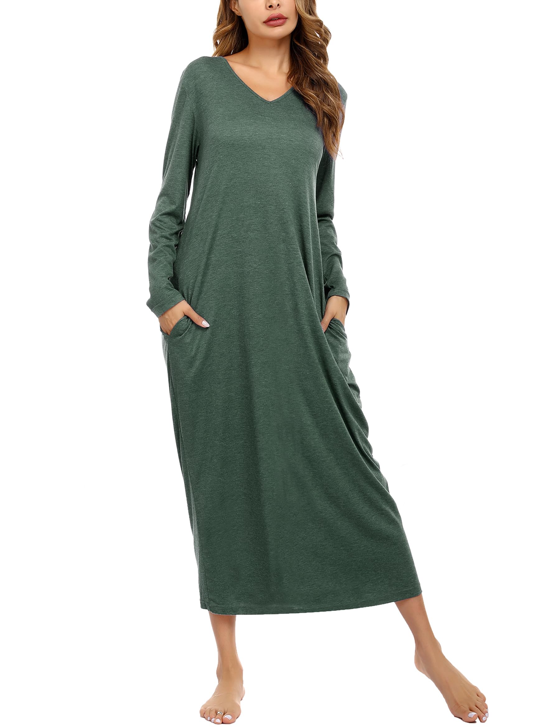 Sykooria Camicia da Notte Manica Lunga Donna a V Camice da Notte in Cotone Lungo Camicia da Notte Invernale con Tasche,Pigiama Comodo Ampio Tinta Unita Abbigliamentoda Casa S-3XL