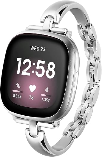 Silm Metal Band Compatible with Fitbit Versa 4/Fitbit Sense 2 Band Cute Women, Bling Jewelry Strap Replacement Compatible for Fitbit Sense/Versa 3 Women Silver