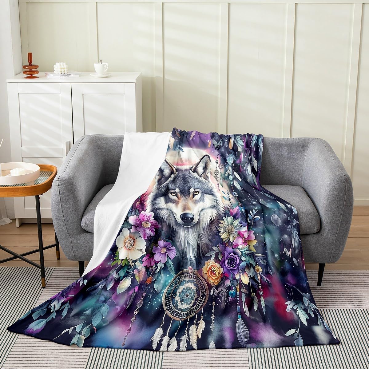 Wildlife Flannel Blanket Queen 90"x90" Warm Lightweight,Jungle White Wolf Bed Sofa Blankets for Kids Boys,Dream Catcher Boho Fuzzy Blanket,Animals Themed Breathable Blanket