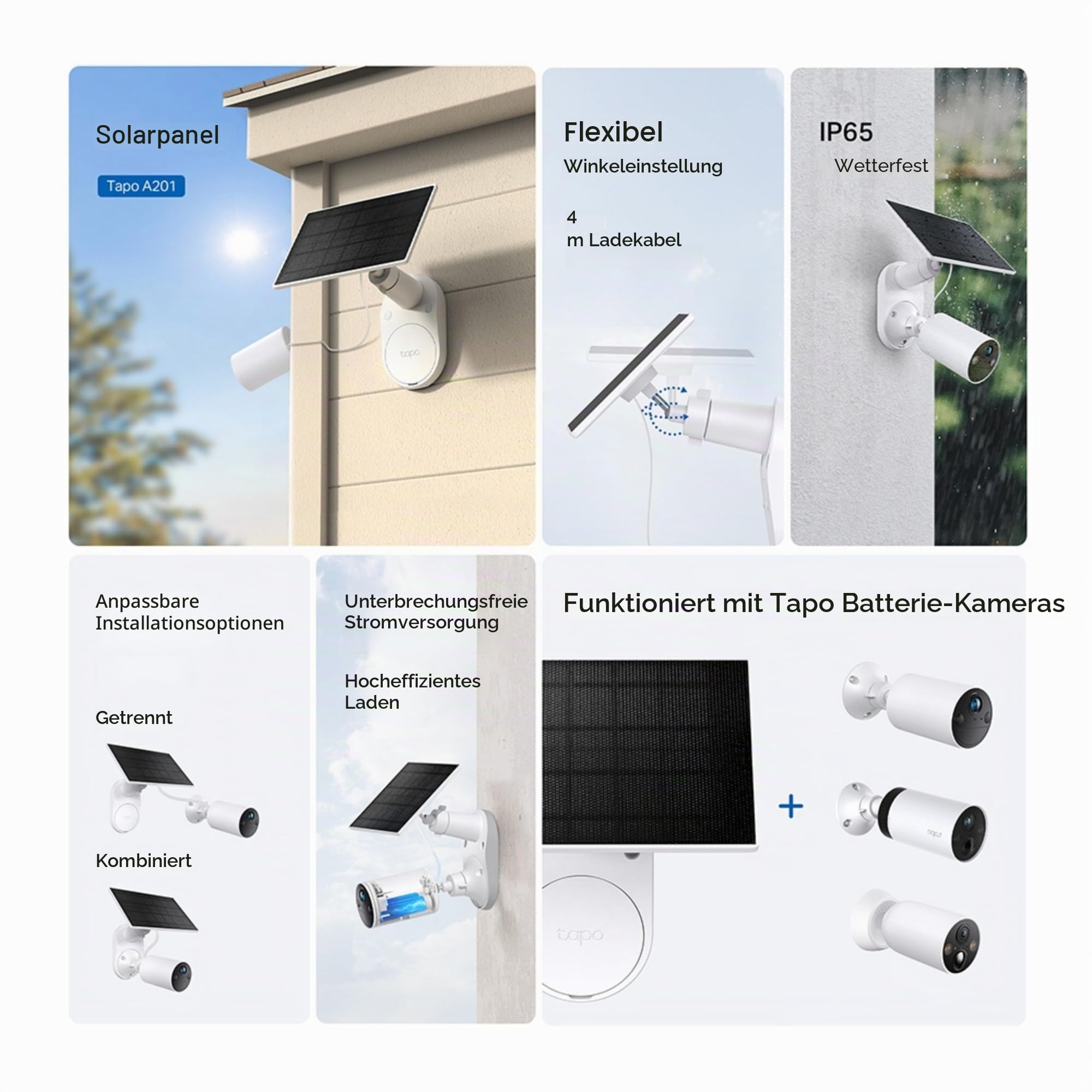 Tapo Solarpanel - Flexibel Installiert Mit Winkeleinstellung, Hocheffiziente 45-Min-Solarladung für Ganztägigen Gebrauch, IP65 Wetterfest, Funktioniert Mit Allen Batteriebetriebenen Kameras