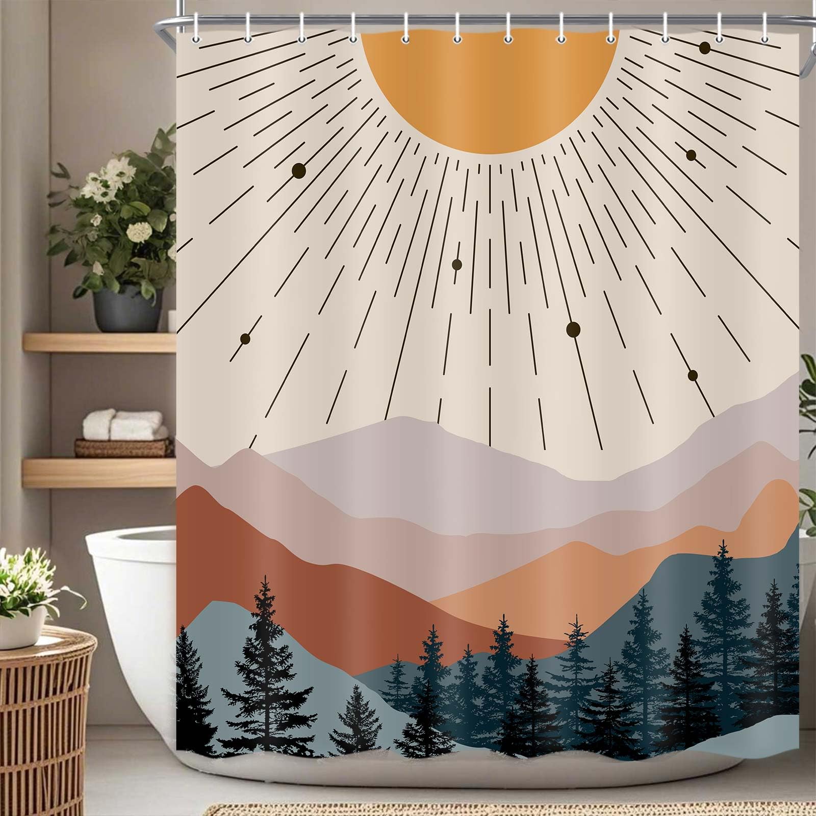 SAOLUIS Mid Century Shower Curtain, Abstract Moutain Shower Curtain Sets Boho Sunset Bathroom Curtains, Waterproof Boho Minimalist Bath Curtains Decor