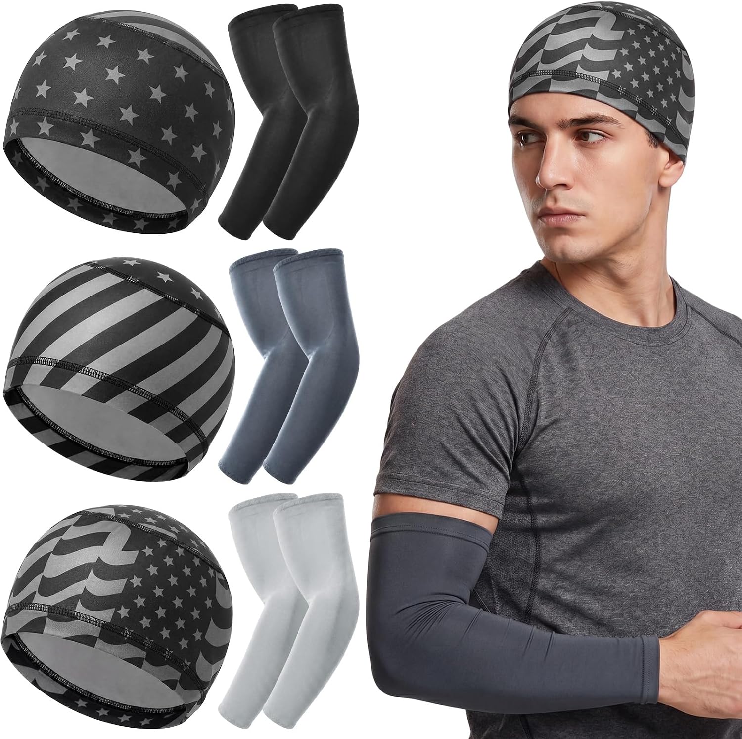 Geyoga 3 Sets Cooling Skull Cap Helmet Liner & UV Protection Arm Sleeves for Men Women, Cycling Running Sports