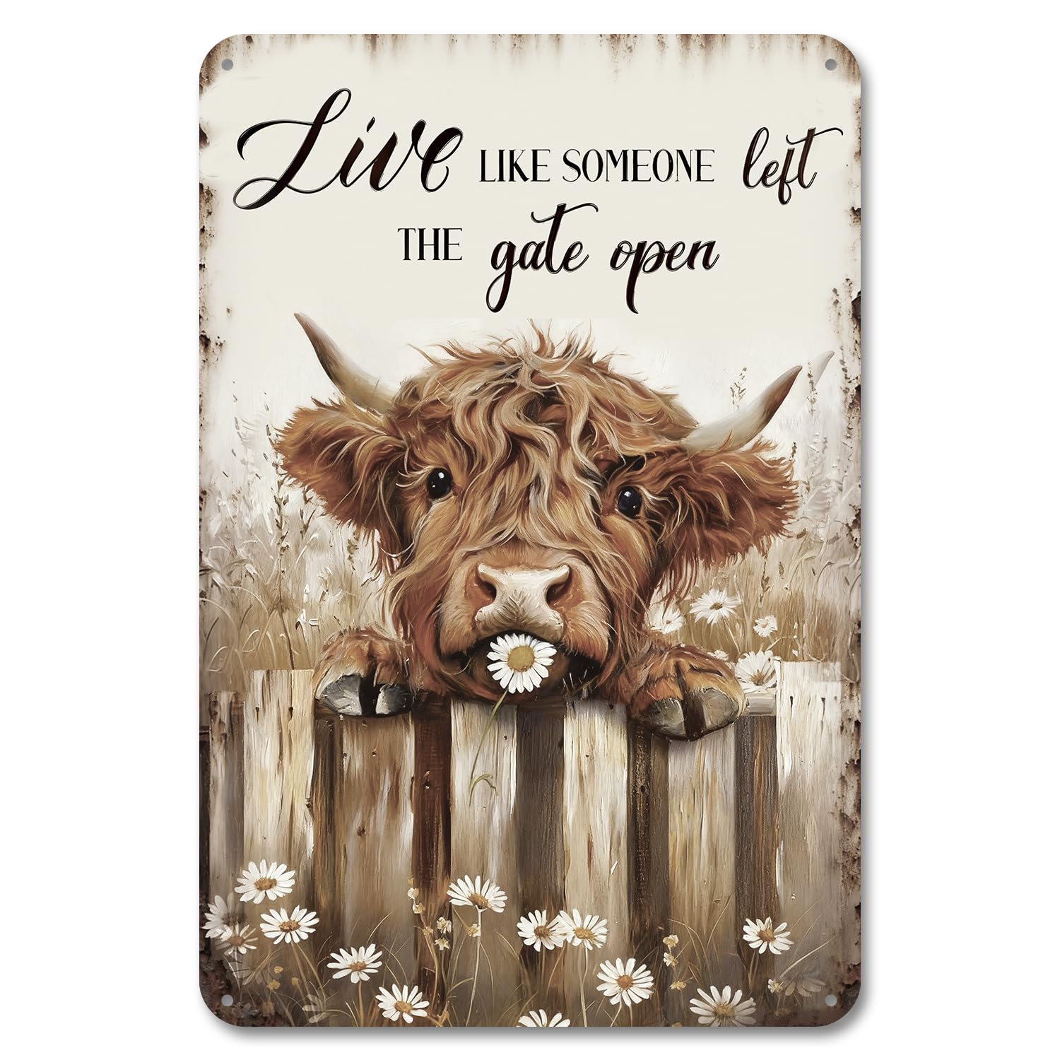 Laicaii Vintage Highland Cow Wall Decor, Live Like Someone Left The Gate Open Highland Cow Pictures, Bathroom Bar Kitchen Accessories and Decor, Metal Tin Sign Highland Cows Gifts, Garden Decoration