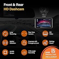 Vista 3 de Dash Cam Front and Rear - 3 inch IPS Screen 1080P Full HD DVR Dash Camera for Cars with 64G SD Card - 150°Wide Angle Car Dashboard Cam - Night