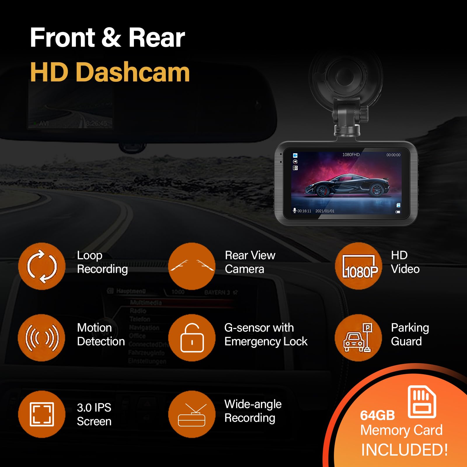 Rijden Video Recorder Auto Dash Cam 360 Graden Roterende IR Lens Bewegingsdetectie Nachtzicht 3.16 Inch voor Rijveiligheid