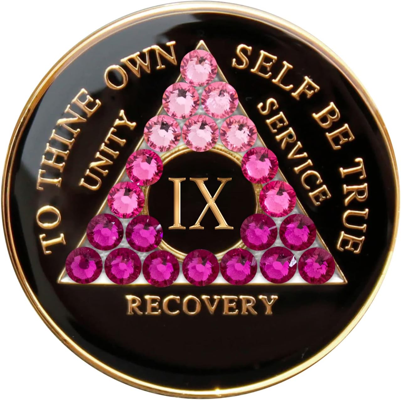 Recovery Mint Sobriety Chip AA Pink Transition Bling Crystallized Black Triplate (9 Year)