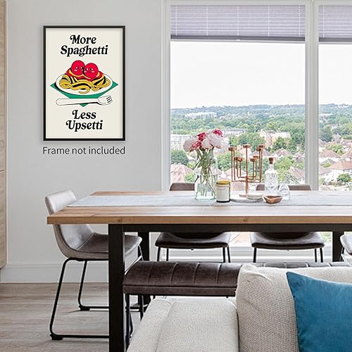 Miniatura 6 de CAXIYSH Arte de pared retro divertido de cocina y comida, póster de pasta lindo de moda, con frase "More Spaghetti Menos" Upsetti, impresiones en