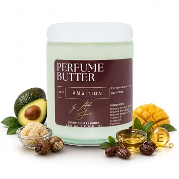 8.4 Fl. oz Perfume Butter AMBITION | Luxuriously Hydrating & Lasting Scented Body Butter with Bergamot, Saffron, Oud & Amber | Unisex & Handcrafted for Silky Soft Skin Amber Glass Jar