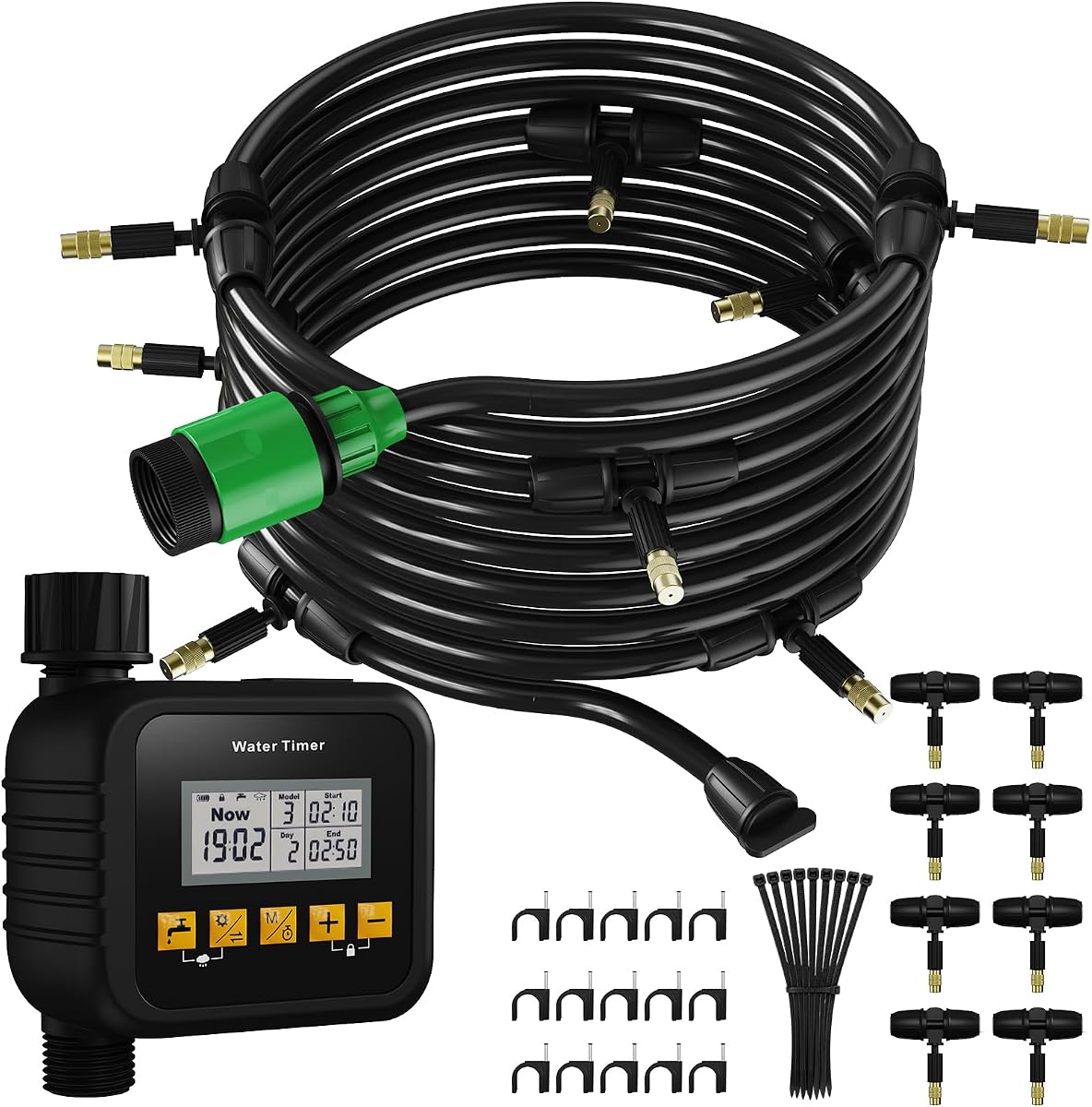 Misters for Outside Patio with Timer, Misting Cooling System with 33FT Hose and 8 Brass Nozzles, 9 Modes, 3/4” NPT Faucet Adapter, Automatic Misters for Chicken Coop Backyard Garden Porch Gazebos