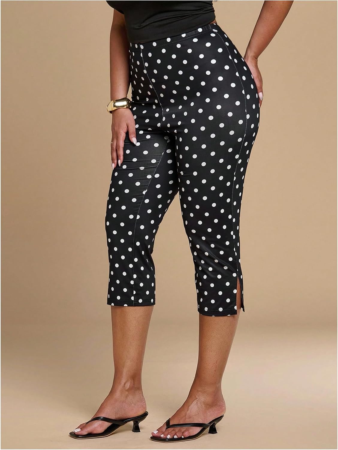 Floerns Women's Plus Size Polka Dots Stretchy Capri Leggings High Waisted Slit Side Skinny Cropped Pants