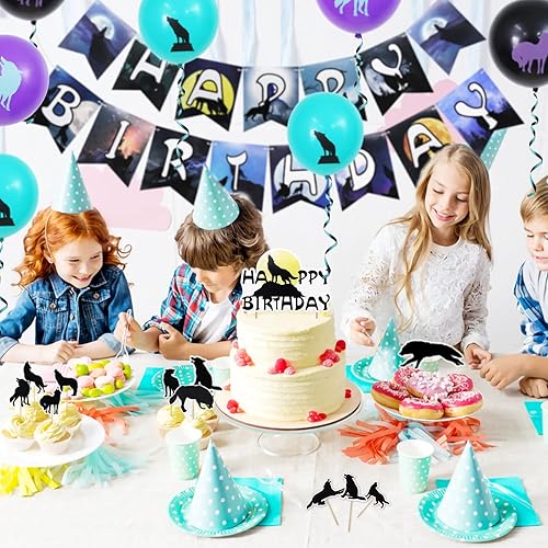 Miniatura 7 de Decoraciones de fiesta de lobo, suministros de fiesta de cumpleaños de lobo que incluyen pancarta de cumpleaños de lobo, globos de látex, adornos