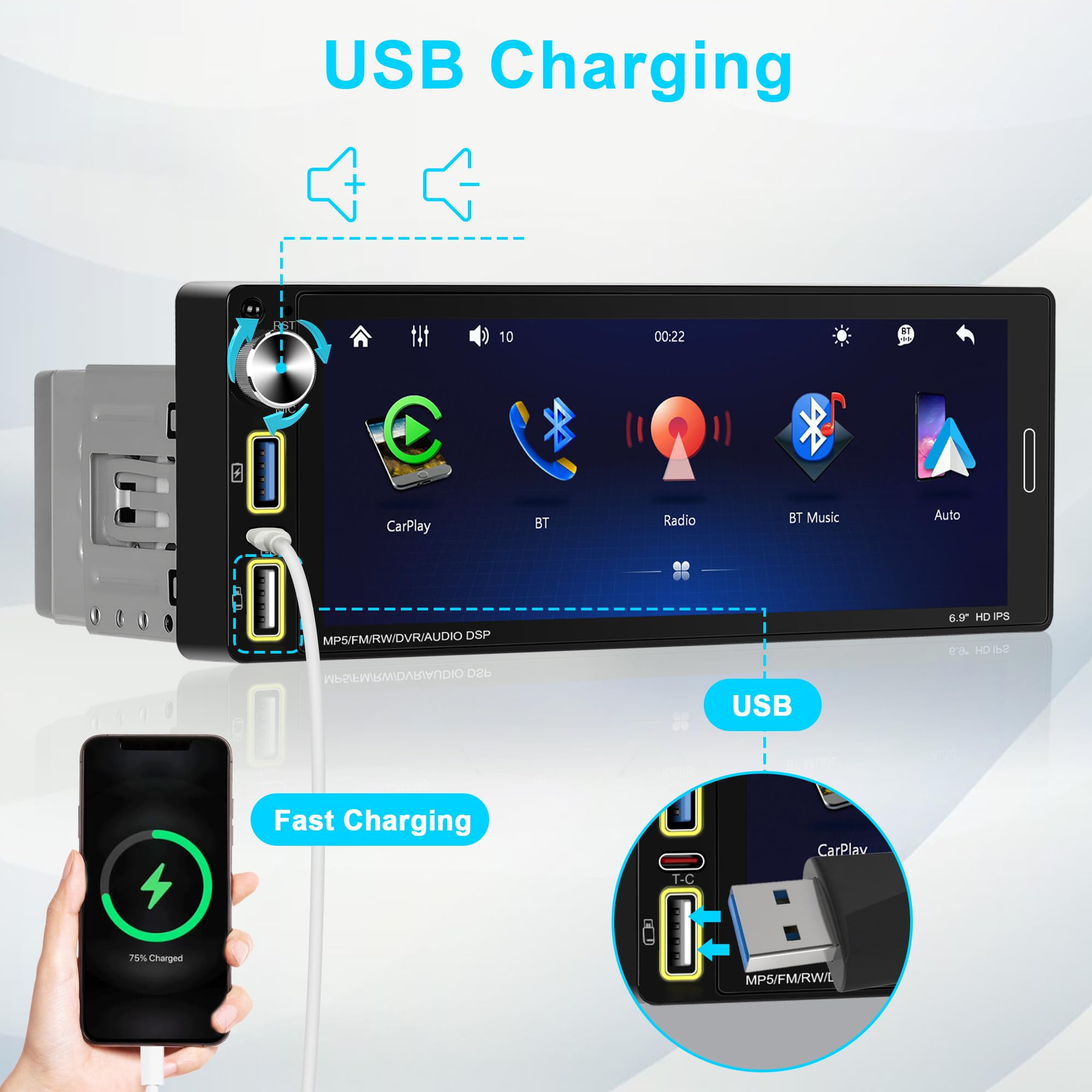 Autoradio 1 DIN Bluetooth Autoradio Car Play Voiture avec sans Fil Car Play & Android Auto,6.9 Pouces HD Écran Tactile,Radio FM/Charge Rapide/Microphone/Type C/Caméra de recul