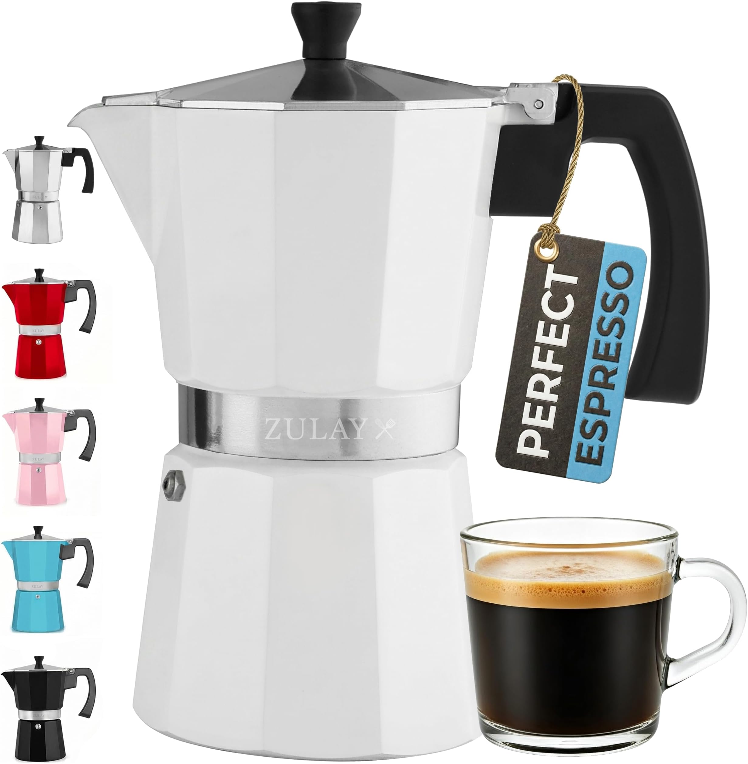 Zulay Moka Pot Espresso Stovetop Coffee Maker - Leak-Proof, Stainless Steel, Easy to Clean, Heat Resistant Handle & Knob - for Authentic Cuban & Italian Style Espresso - Makes 9 Espresso Cups - White