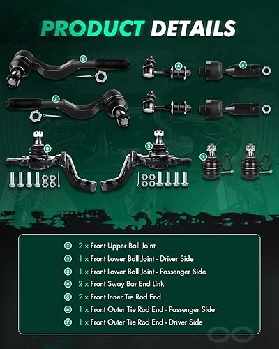 Miniatura 3 de SCITOO Juego de suspensión delantera de 10 piezas, extremos de barra de acoplamiento interior y exterior, enlace de barra estabilizadora, junta de