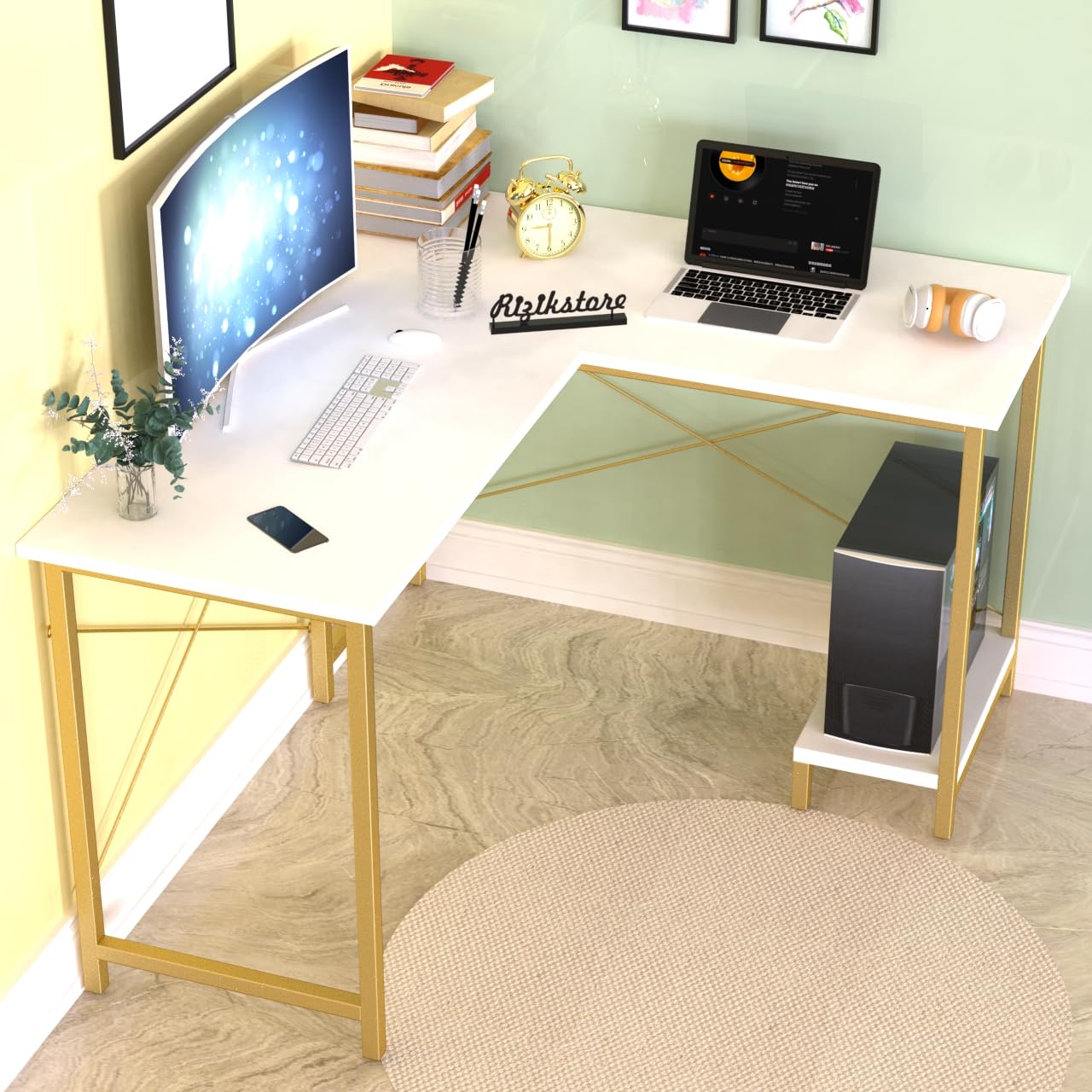 RIZIK Store L-Shaped Computer Desk | 50-Inch Corner Gaming & Study Table with Engineered Wood Top, Metal Frame & CPU Shelf | Writing Workstation for Bedroom, Office & Small Rooms (White Gold-1)
