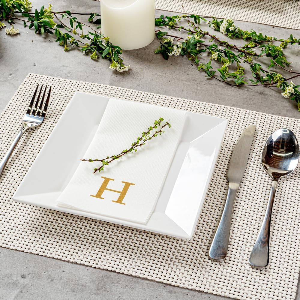 Luxenap 15.8 X 7.9 Inch Linen-Feel Guest Towels, 50 Lettered Hand Towels - Gold Letter 'H', Sans Serif Font, White Paper Dinner Napkins, airlaid, For Restrooms And Tables - Restaurantware