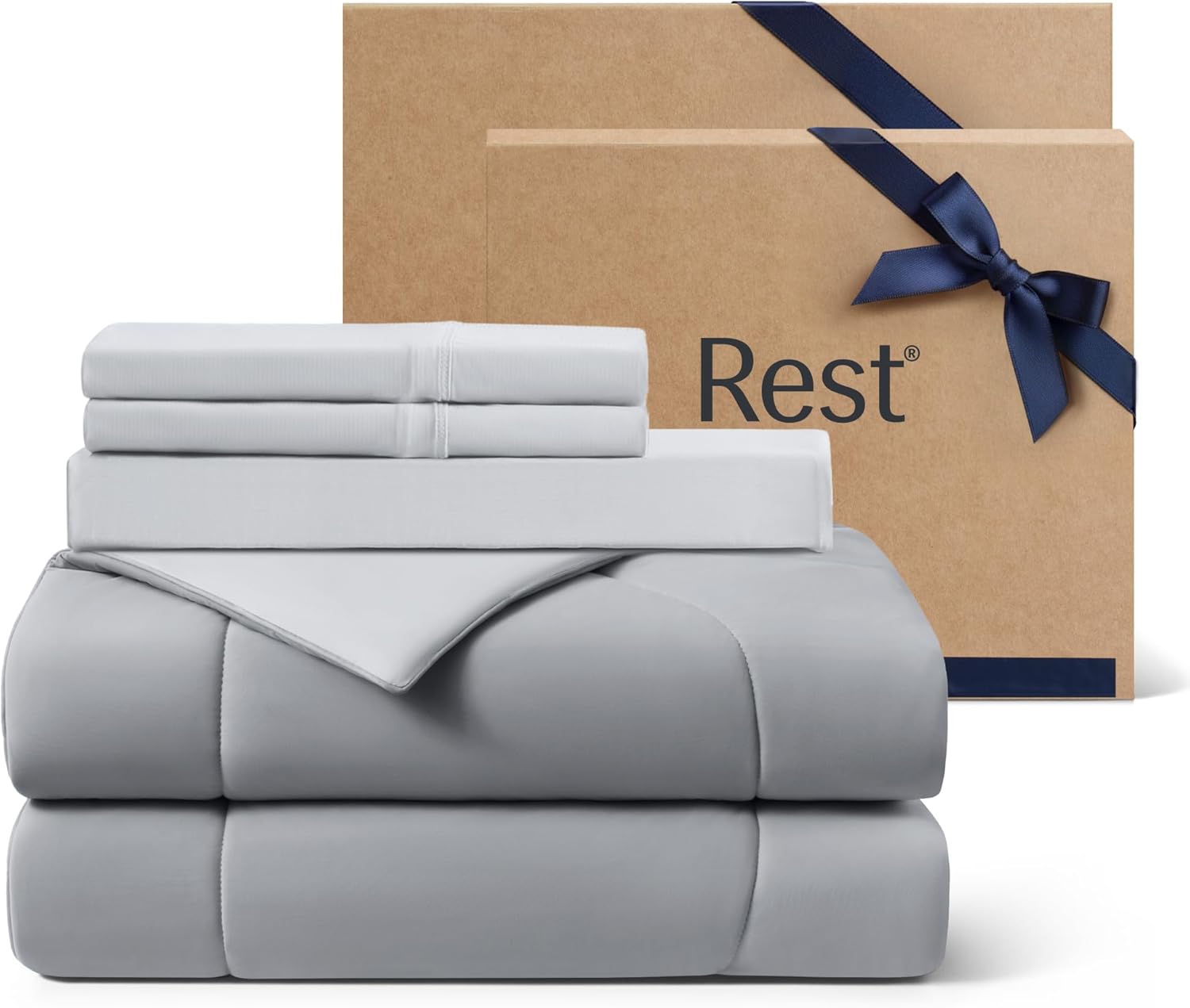 Rest® Evercool®+ Cooling Comforter Set, King Size Light Gray, 4pcs with Cooling Blanket, Wrinkle-Free Deep Pocket Fitted Sheet, 2 Silver-Infused Pillowcases for Skin and Hair Bed Set for Ultra Comfort