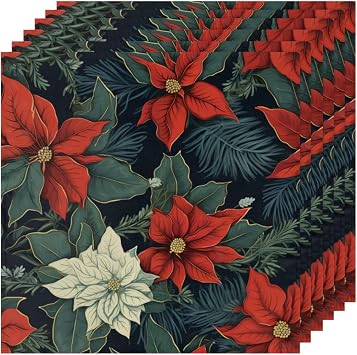 White Red Poinsettia Flowers Leaves Cloth Napkins Set of 6, Polyester Fabric Dinner Napkins Washable Holiday Cloth Napkins, Reusable Decorative Everyday Napkins for Dining Events Wedding 20x20 in