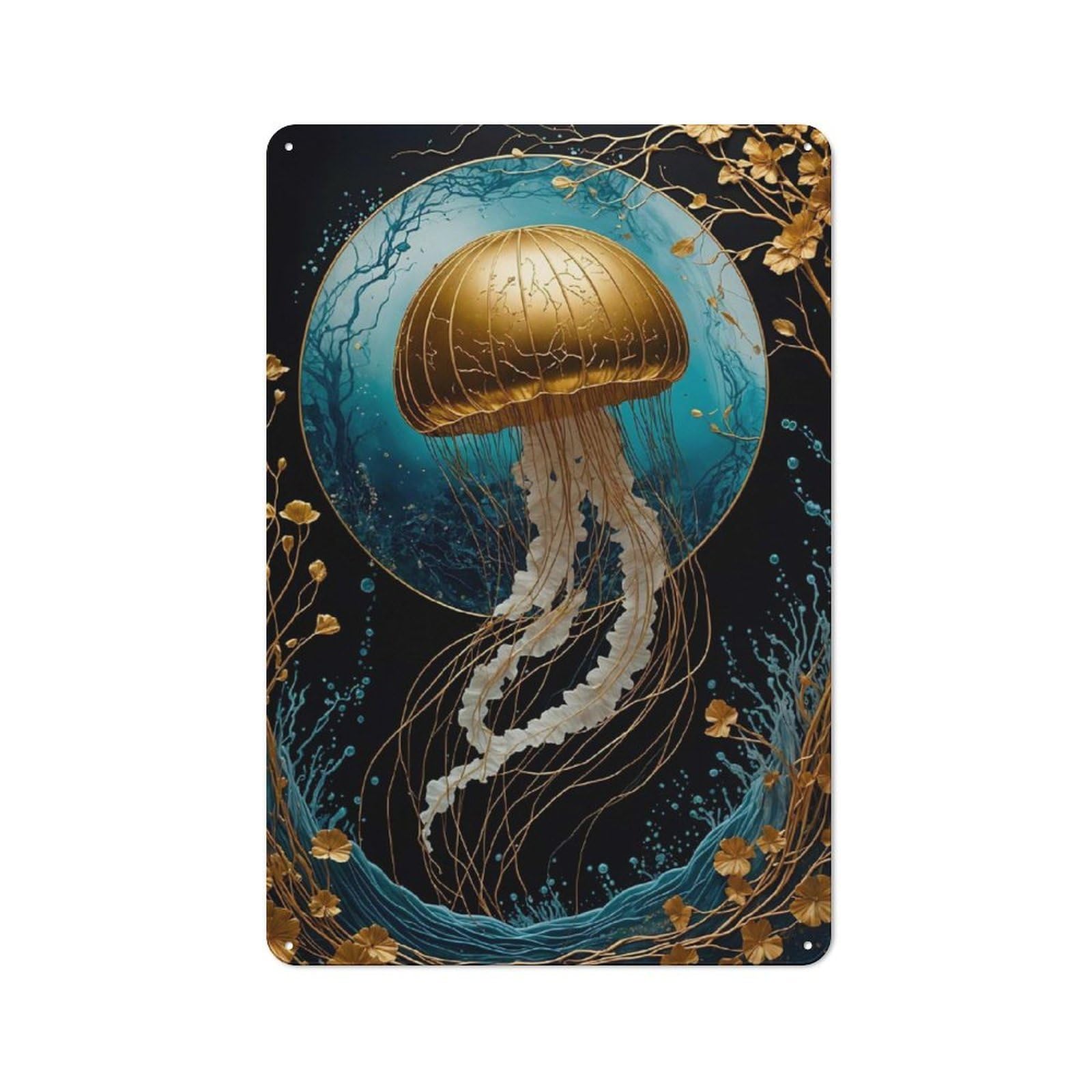 Junmoney Golden Jellyfish Kintsugi Classic Metal Sign 30X20cm Featuring Bar Wall Plaque For Diner, Restaurant, Shed Or Kitchen