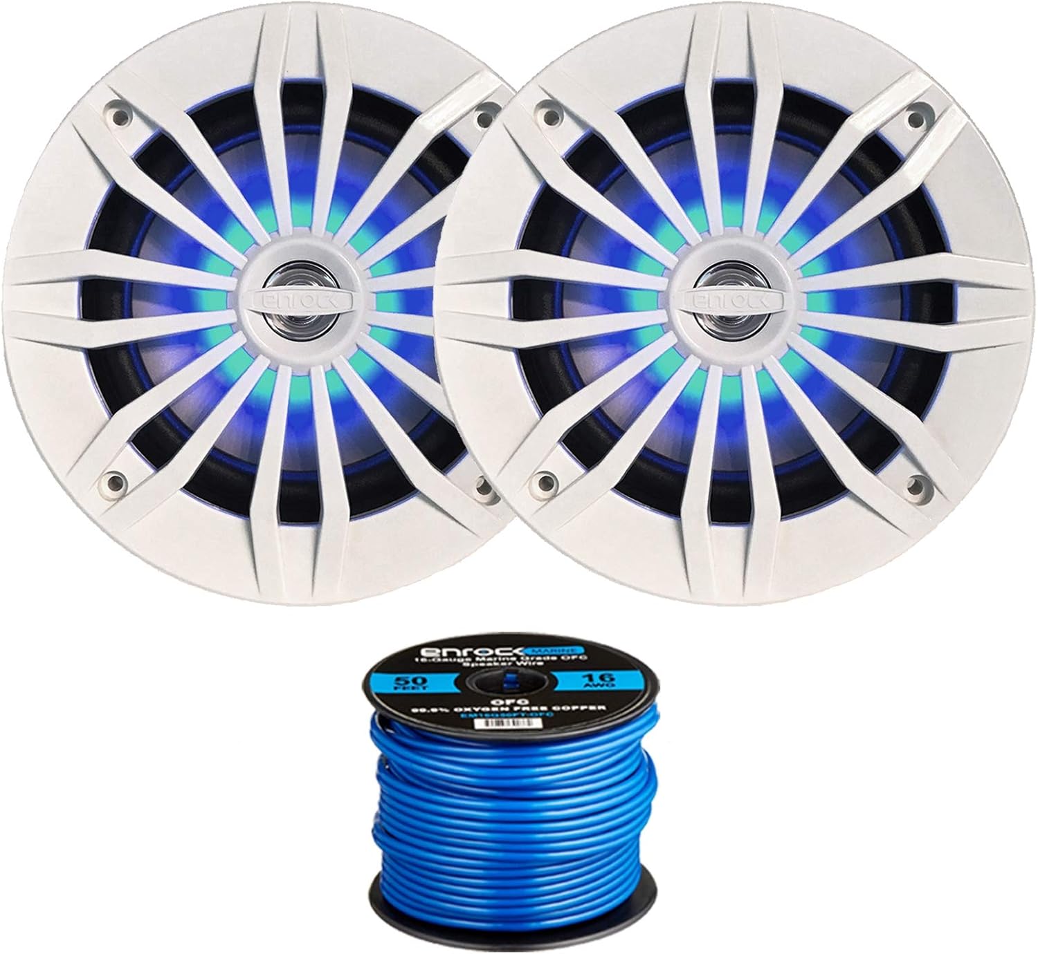 2 x EnrockMarine 6.5" 2-Way 200W Marine Loudspeakers feat. Blue LED Light Flashing with Music (White), Enrock Marine-Grade 50Ft. 16-Gauge Tinned Speaker Wire