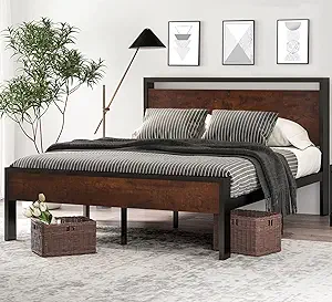SHA CERLIN 14 Inch Queen Size Metal Platform Bed Frame with Wooden Headboard and Footboard, Mattress Foundation, No Box Spring Needed, Large Under Bed Storage, Non-Slip Without Noise, Mahogany