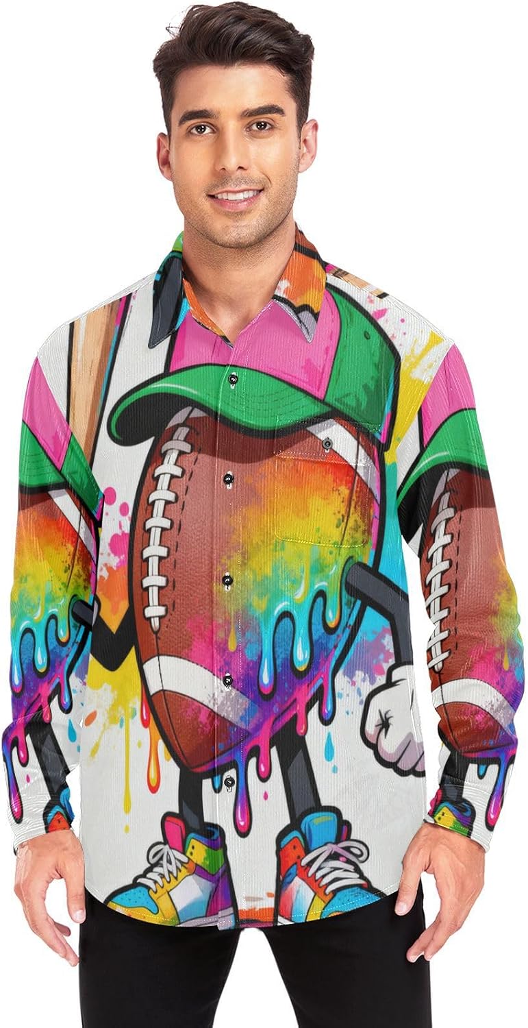 Drip-Style Cartoon Rugby Ball Woolen Cord Fabric Mens Dress Shirts Long Sleeve for Women Sports with Pockets