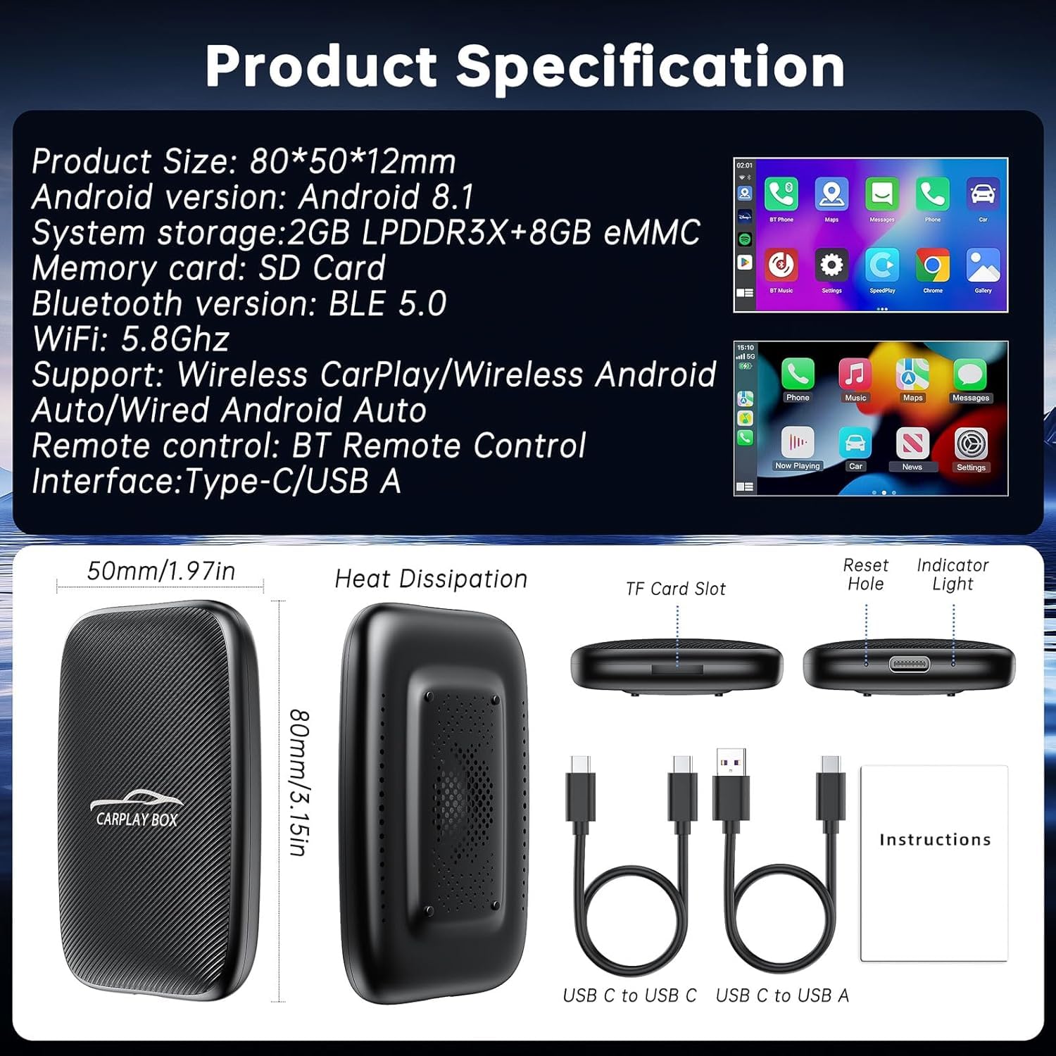 Adaptateur sans fil 5-en-1 CarPlay et Android Auto,Adaptateur CarPlay sans fil avec Netflix, YouTube et carte TF,Plug & Play,Magic Video Ai Box pour véhicules équipés d'Apple CarPlay filaire d'origine