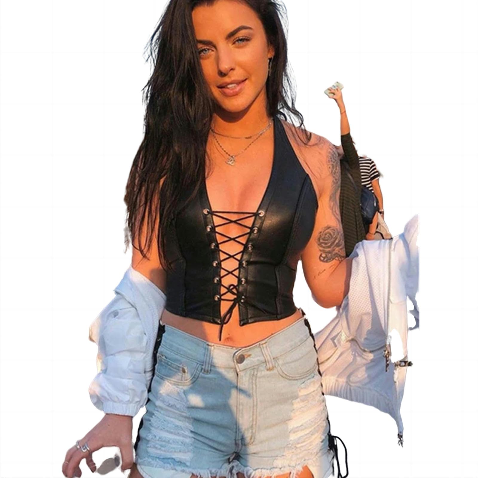 Camiseta sin Mangas Mujer Black PU Crop Crop Womens Camisole Vest Vest Fashion Club Wear Toques De Tanques