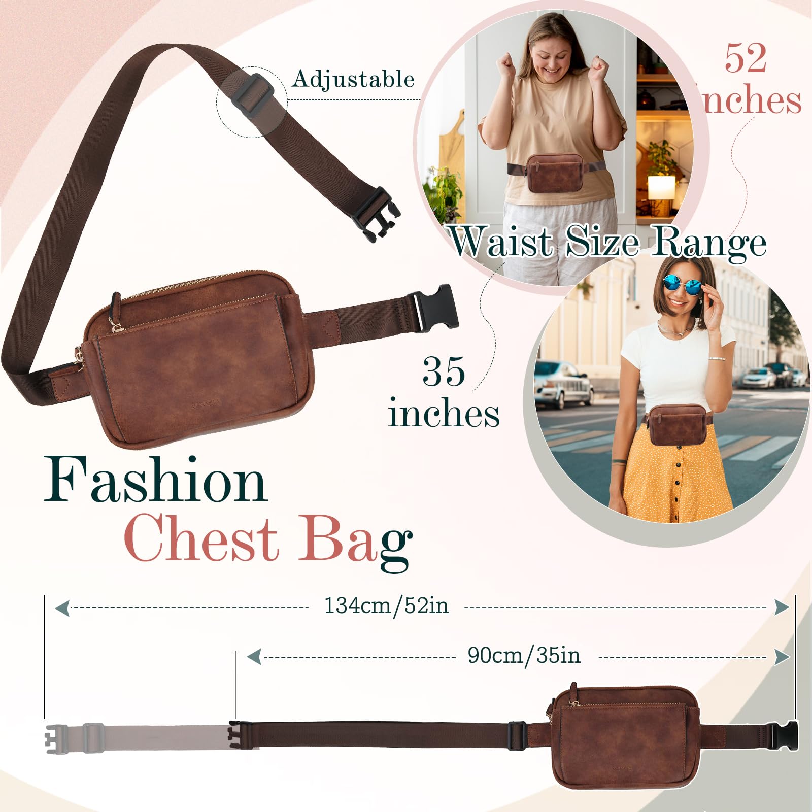 VX VONXURY Sac Banane Chic pour Femme Homme, Cuir PU Sac Ceinture Sacoche Banane Fanny Pack, Sac Banane Léger à Bandoulière avec Sangle Réglable pour la Course à Pied en Plein Air, la Randonnée