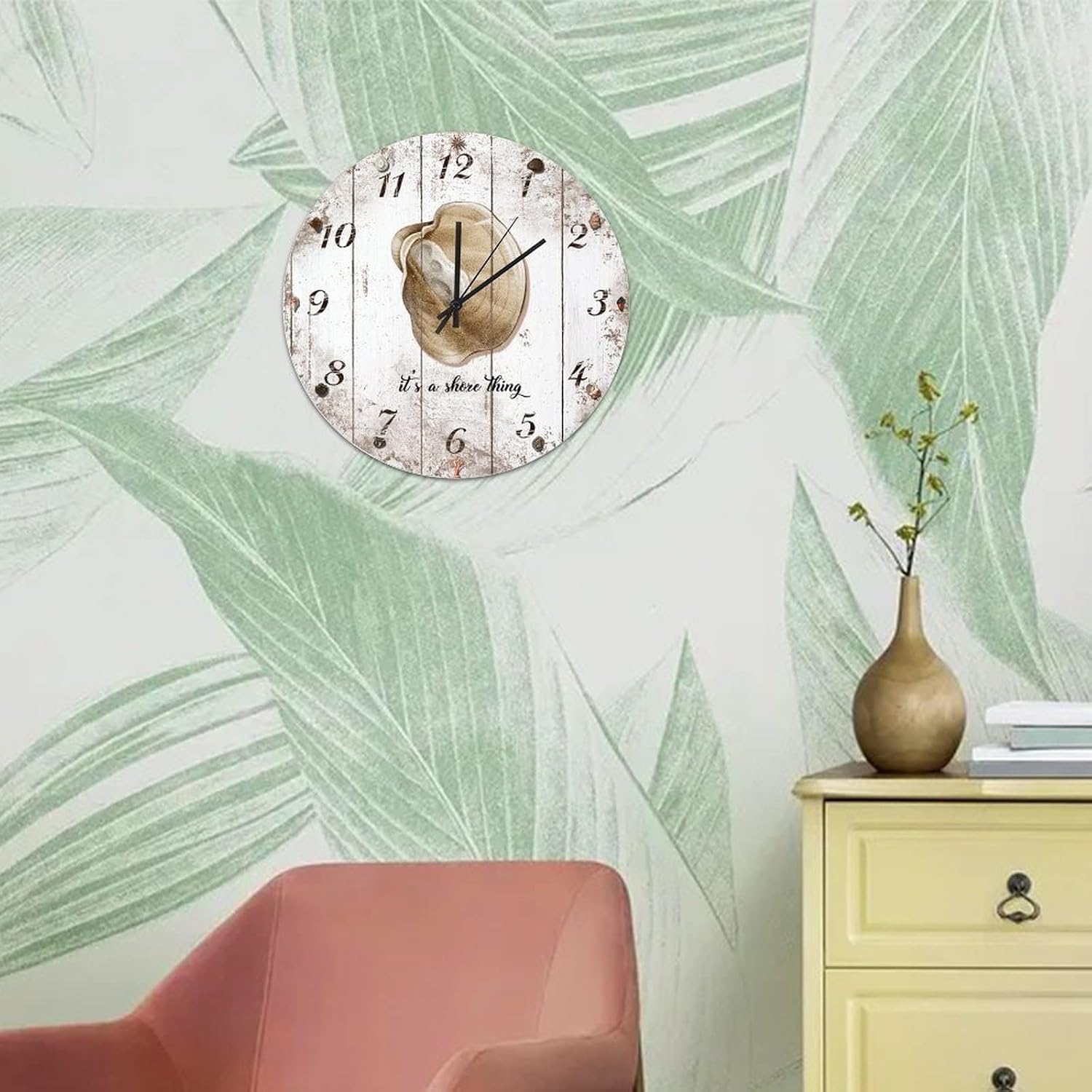 10in Hanging Clock Retro Ocean Conch Wooden Clock Nautical Theme Postage Stamp Silent Non-Ticking Battery Operated Novelty Popular Wall Decor for Mantel Master Room Shop Balcony image 5