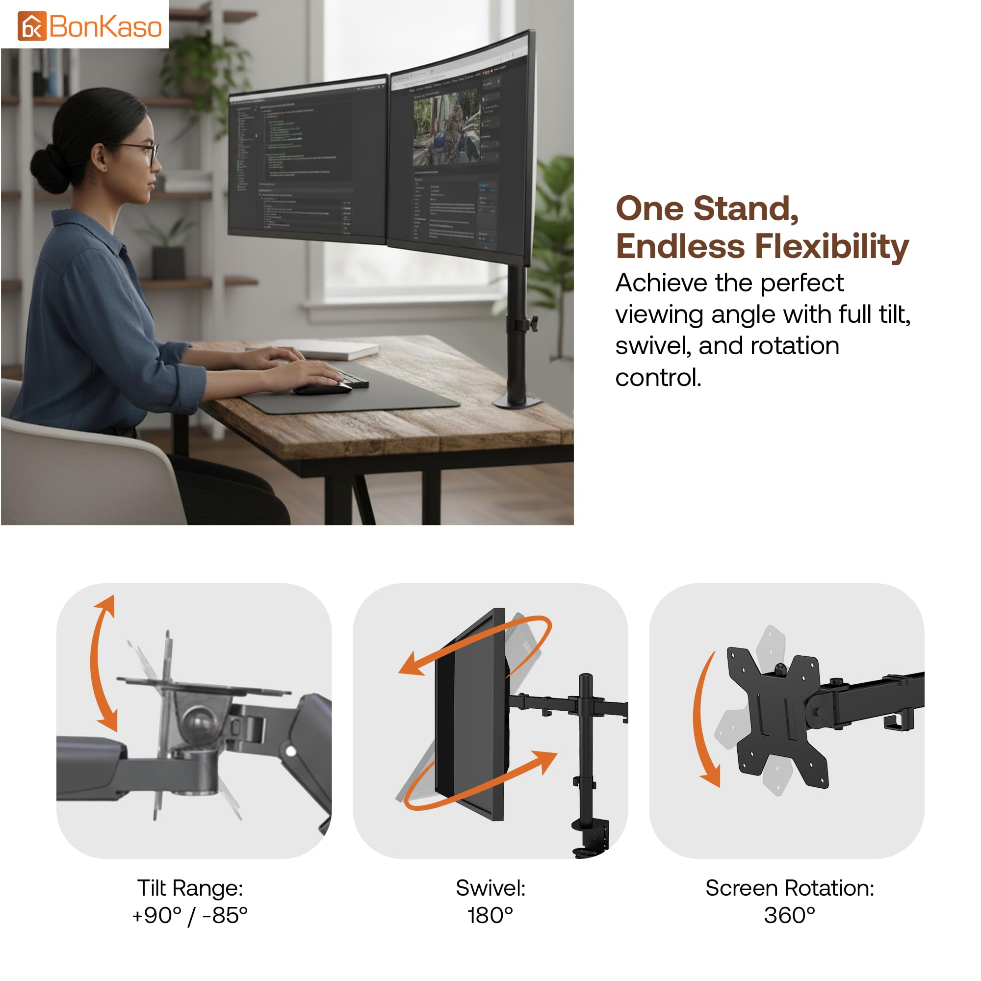 BonKaso Dual Monitor Stand for Desk | Height Adjustable Alloy Steel Arm Mount for 13”–27” Screens | 360° Rotation, Tilt & Swivel, Cable Management, Space-Saving Dual Arm Monitor Mount (Black & White) — Amazon image 6