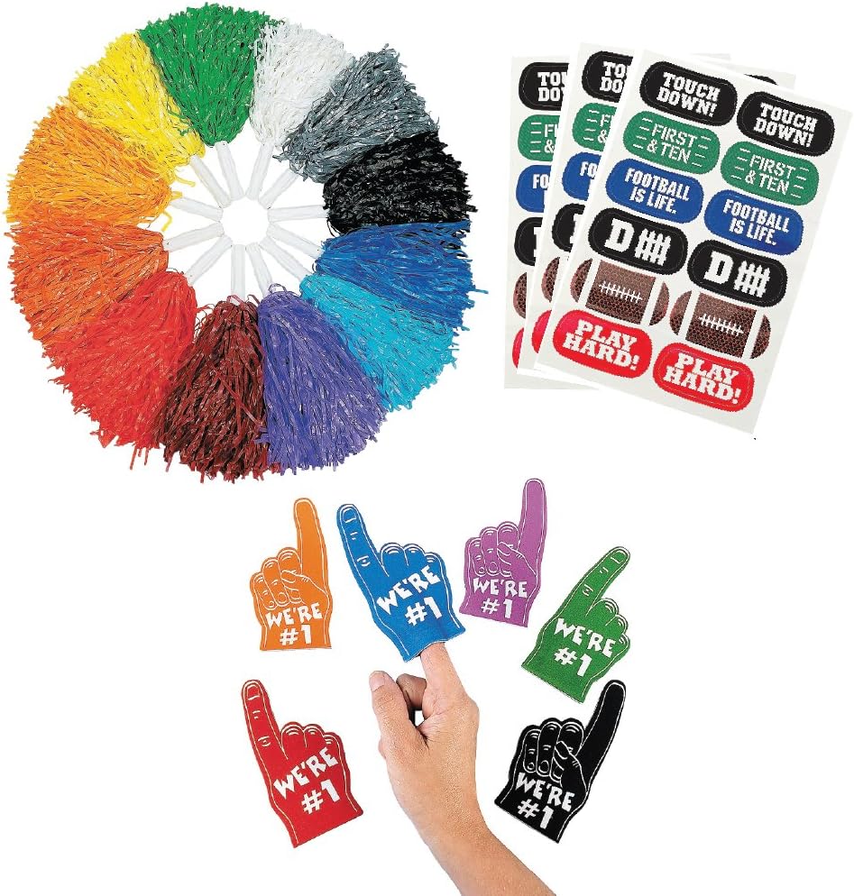Cheering Fan Pack of 36 - Cheer Pom Poms (12) - Mini Foam Fingers (12) - Face Tattoos (18 Pairs)