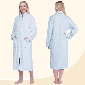 PAVILIA Womens Zip Up Robe with Pockets, Long Fleece Housecoat Bathrobe | Plush Warm Zipper Robe with Satin Trim and Waffle Cuffs, Soft Cozy Full Length House Coat Lounger, Bathrobe, Pockets