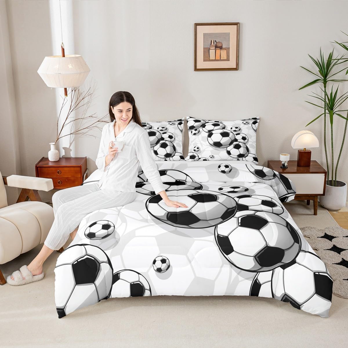 Erosebridal Boys Soccer Bedding Sets Football Down Comforter Sports Gaming Comforter Set for Kids Girls Soccer Hand Draw Quilt Set with 1 Comforter and 2 Pillow Cases Full Size Black White image 2