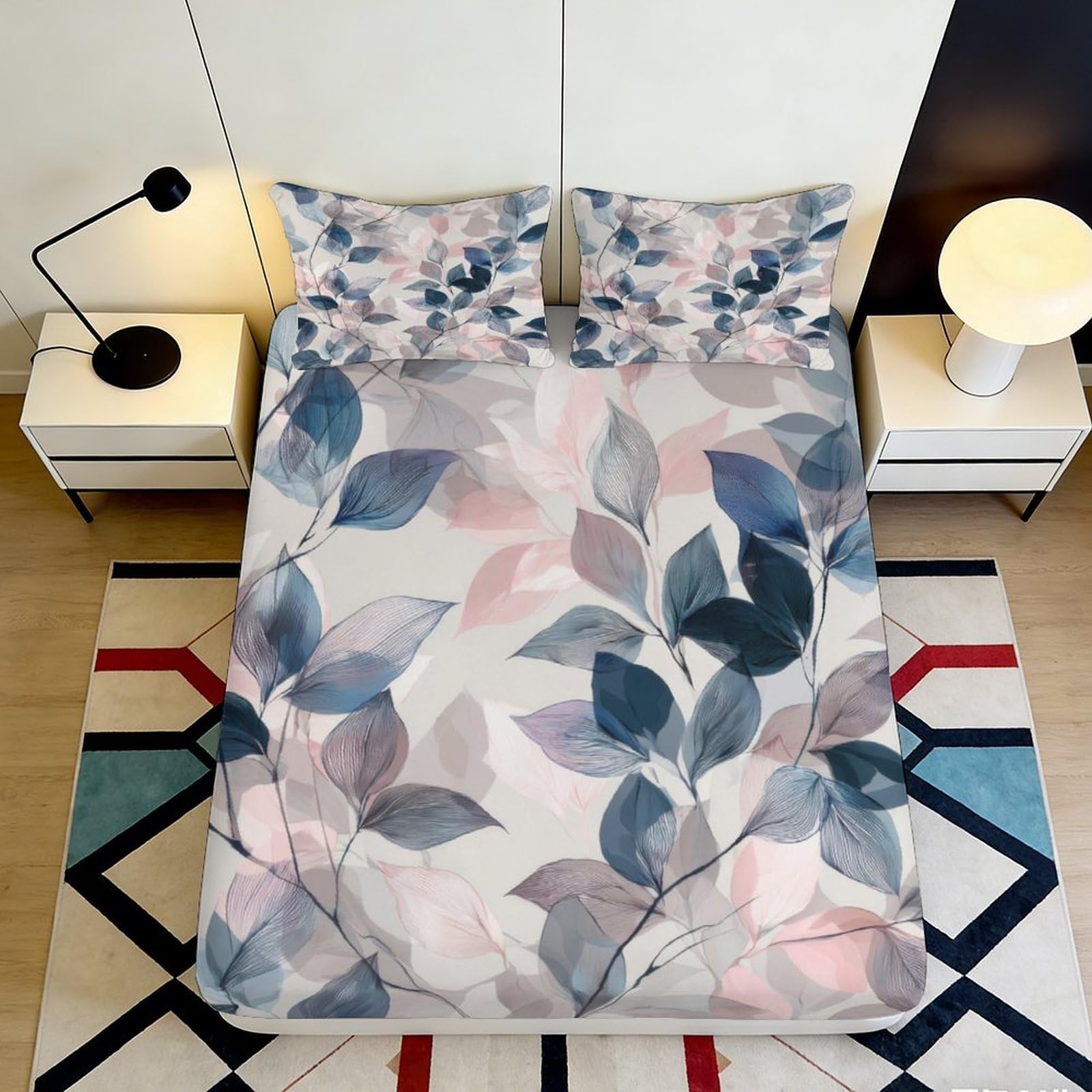3D Printed Botanical Watercolor Leaves Fitted Sheet Microfiber Soft Bedroom Decor Pastel Floral Mattress Cover 90x200x25cm