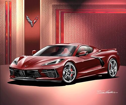 Miniatura 1 de 2020 C8 Corvette Stingray - Long Beach Red - Fine Art Print by Danny Whitfield - with Bright Five Spoke Wheels - Size 20 x 24