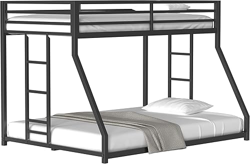 Miniatura 27 de GNIXUU Literas de tamaño individual sobre matrimonial, marco de literas bajas de metal resistente con barandilla de seguridad y escalera para
