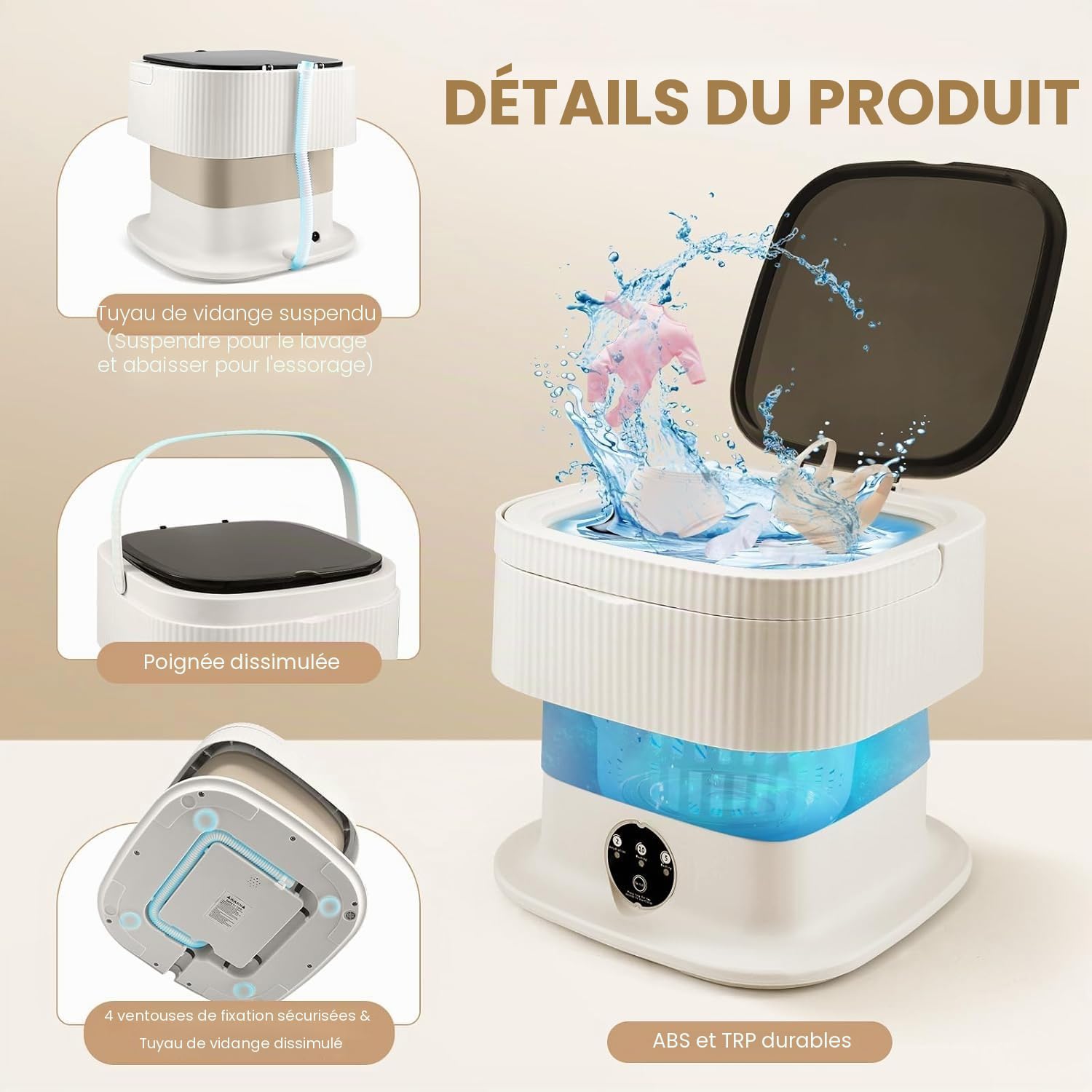 Mini machine à laver, machine à laver pliable 11 L avec fonction essorage, machine à laver portable de voyage, machine à laver mobile de camping pour les voyages, les étudiants (11L-Kaki)