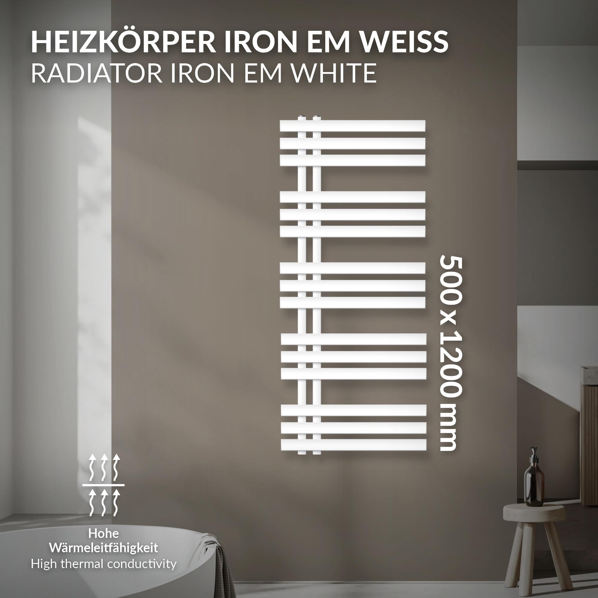LuxeBath Radiador Iron EM para Baño o Salón 500 x 1200 mm, Toallero Blanco, Recto de Panel, Calefacción de Diseño Calentador Secador de Toallas con Kit de Montaje Incluído Protección Contra Fugas