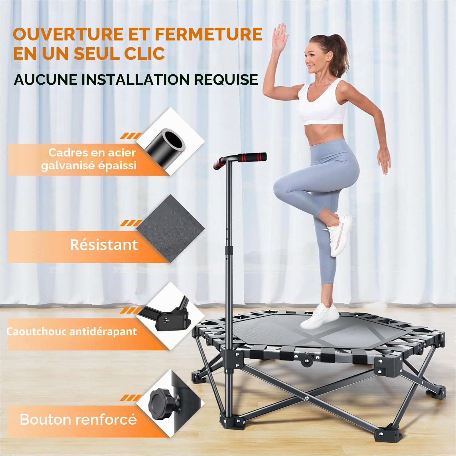 Trampoline De Fitness Pliable De 42 Pouces avec Guidon RéGlable, Trampoline De Fitness éLastique, Saut, EntraîNement Cardio pour Adultes, Charge Maximale 450 LB, 110 cm, Pliable Et Portable