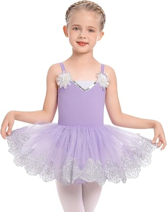 IBAKOM Ballerina Dress Ballet Leotards for Girl Shiny Sequins Flower Ballerina Tutu Floral Lace Dance Leotards Tulle Skirt