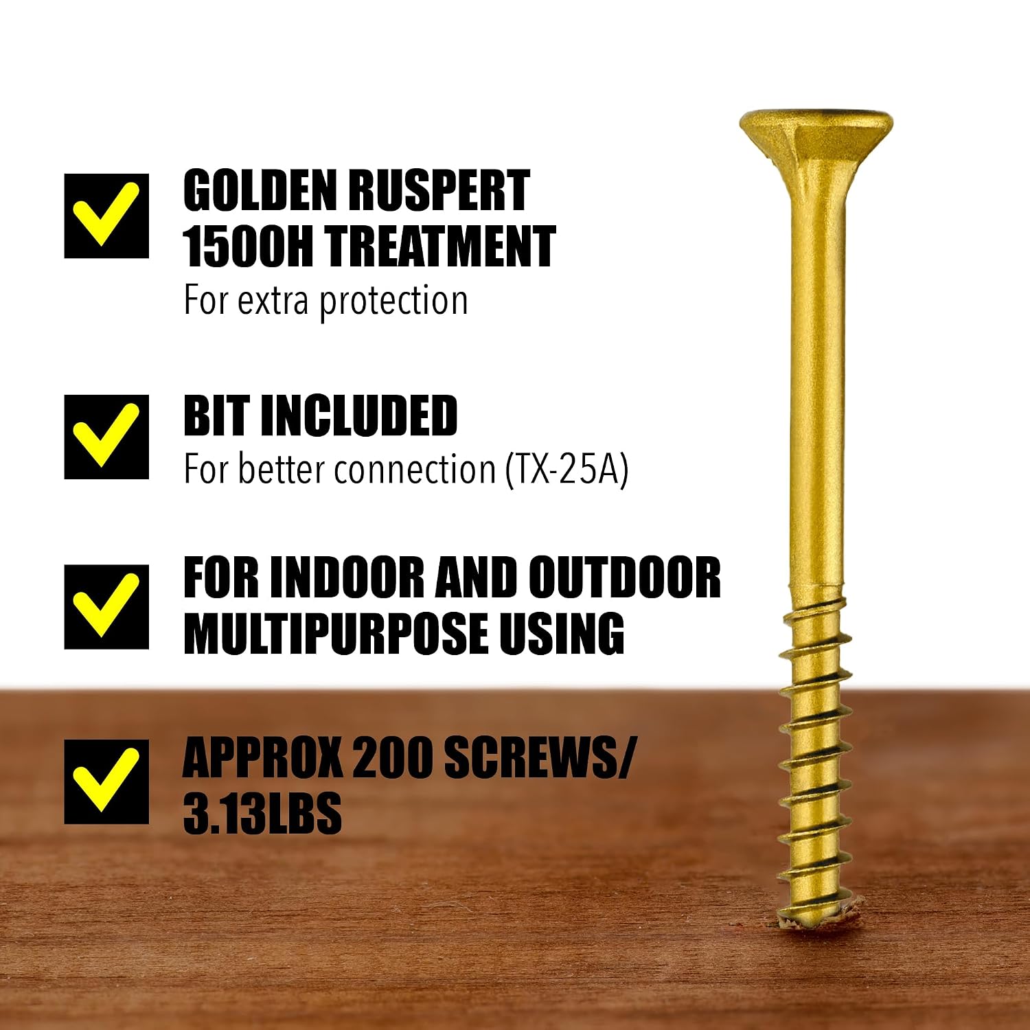 #10 x 3 1/2’’ Wood Screws by Grindy (200pack/3.13LBS) – Self-Drilling Deck Screws I Rust Resistant I Quick Drive & Fast Grip I for Cabinet, Furniture & Other Projects I T25 Star Drive I Bit Included