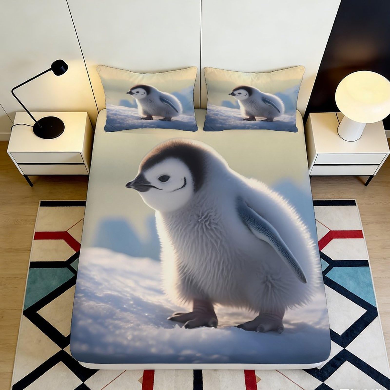 3D Printed Cute Penguin Fitted Sheet Microfiber Soft Breathable Arctic Ice Bed Cover for Bedroom Guest Room Decor 90x200x25cm