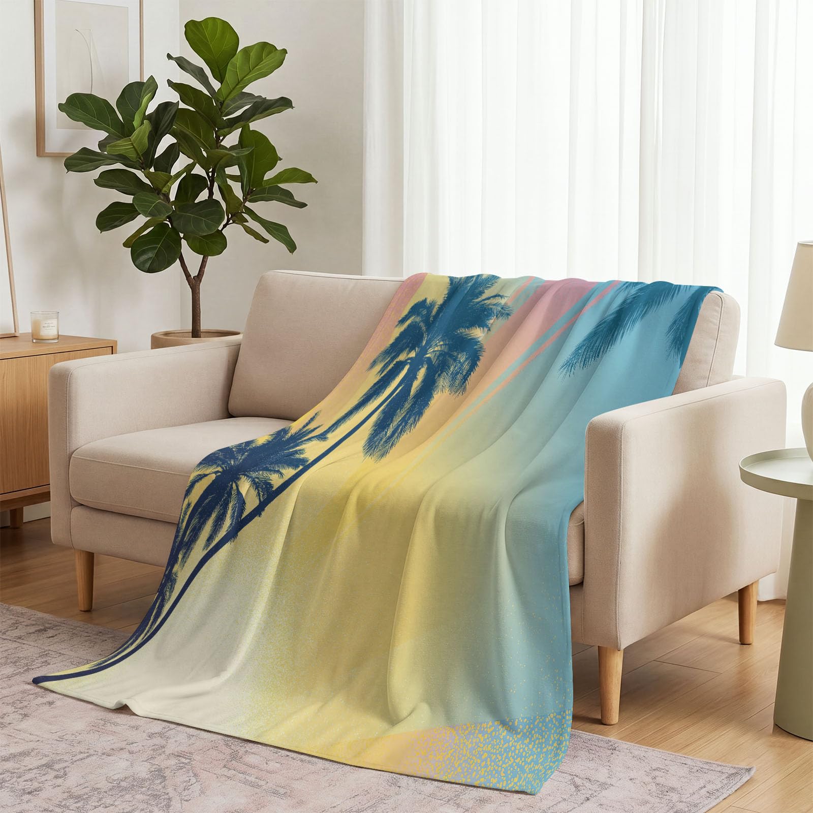 Podwójny koc 200 x 220 cm, naturalna owca, plaża, tropikalna palma, liście słoneczne, nadruk, miękki, przytulny, flanelowy, puszysty, pluszowy koc dla kobiet, dziewcząt, dzieci, dorosłych, nastolatków