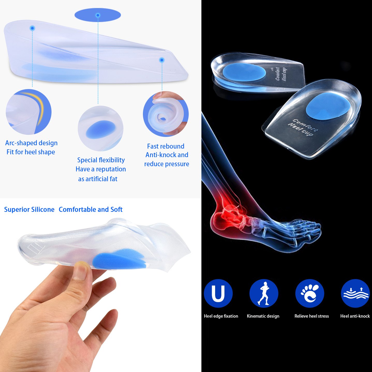 Solette per Massaggio Plantare, Cuscinetti in Gel di Silicone for Il Tallone for Dolore al, sperone osseo e Tendine d'Achille, Cuscinetti Coppe in for, Supporto Ammortizzante(M(40 46))