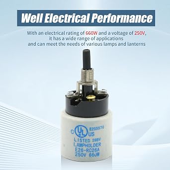 E26 E27 Rotary Lamp Switch Replacement with Socket Holder 660W 250V, Porcelain Light Socket with Switch, Replacement for Zing Ear ZE-307P