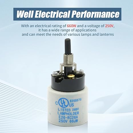 E26 E27 Rotary Lamp Switch Replacement with Socket Holder 660W 250V, Porcelain Light Socket with Switch, Replacement for Zing Ear ZE-307P